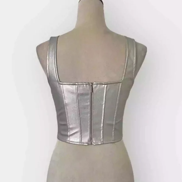 NWOT Japna Metallic Silver Zip Up Corset Faux Leather Crop Bustier Sz S - Picture 5 of 12
